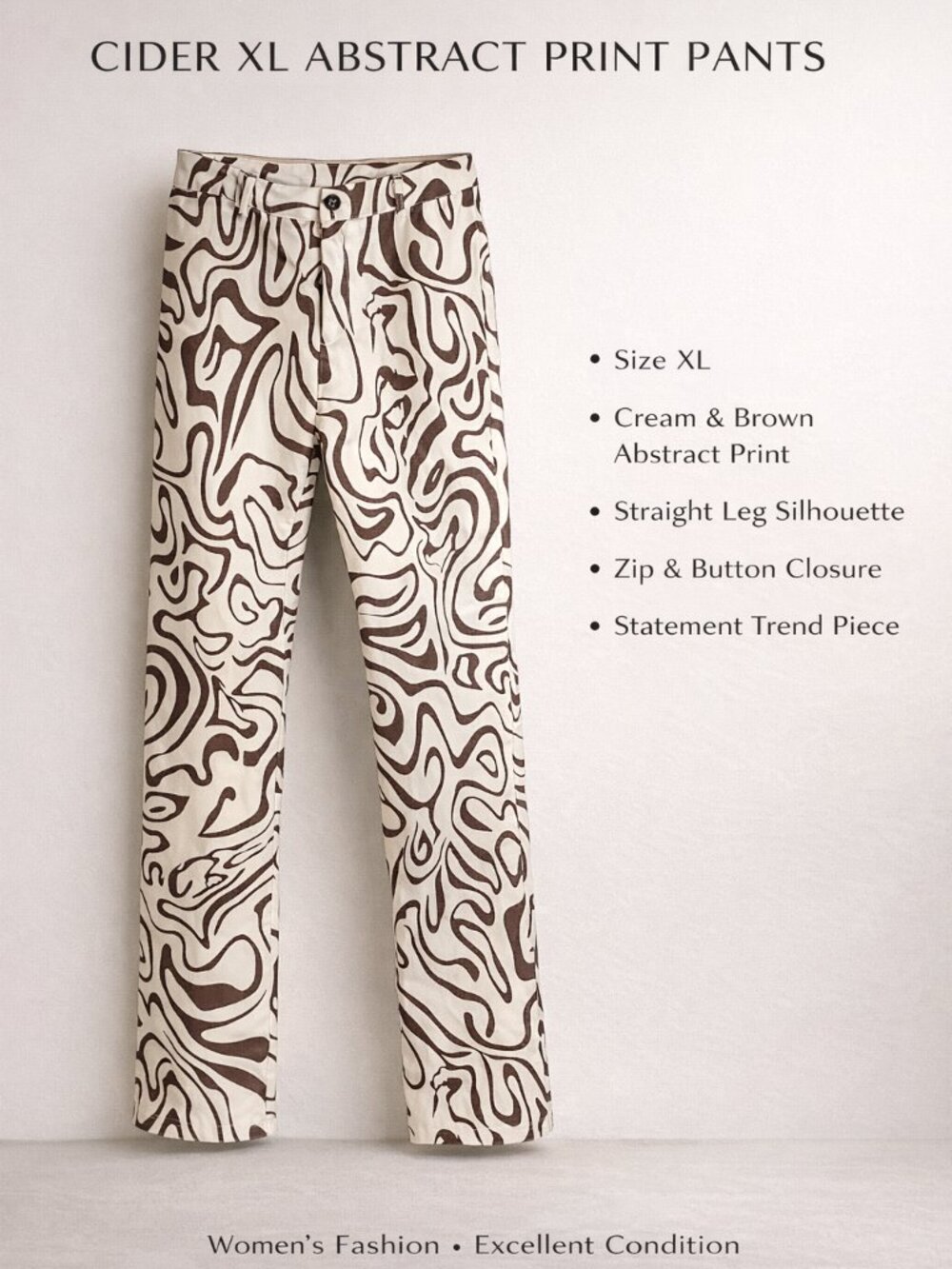 Cider XL Cream Brown Abstract Print Straight Leg Pants Women’s